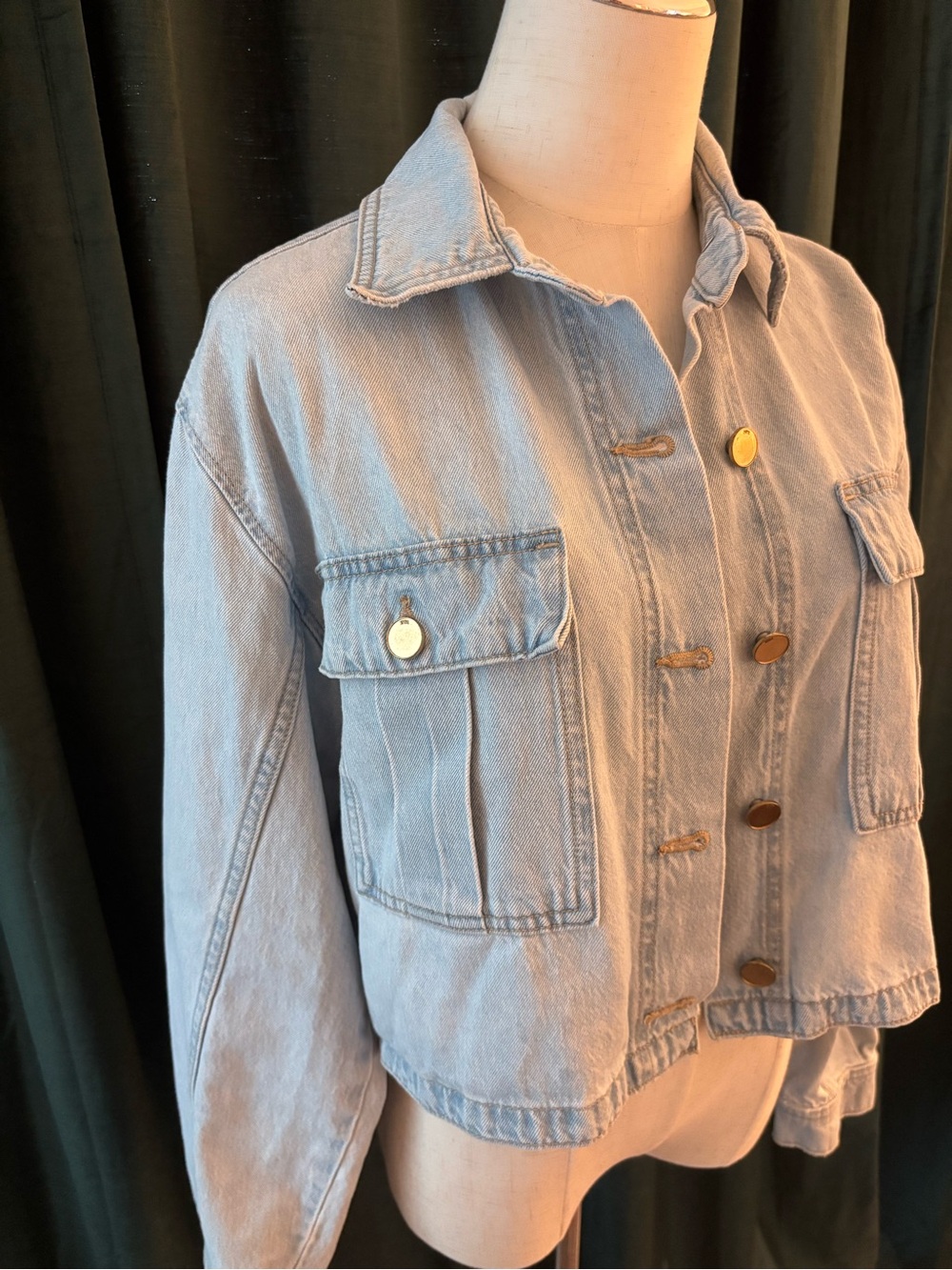 Zara Light Blue Cropped Denim Jacket with Brass Buttons - Picture 2 of 10